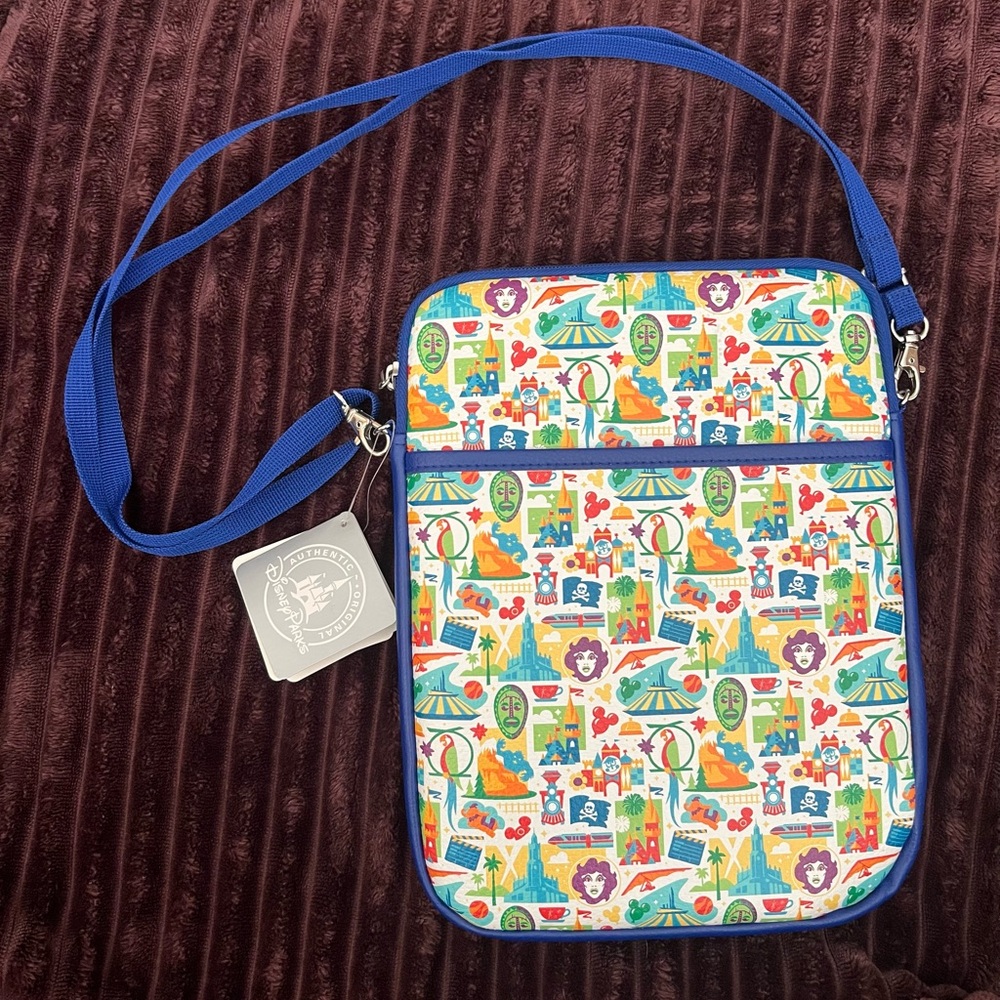 Disney Parks Icons D-Tech Padded iPad/Tablet Crossbody Bag in Blue Attractions